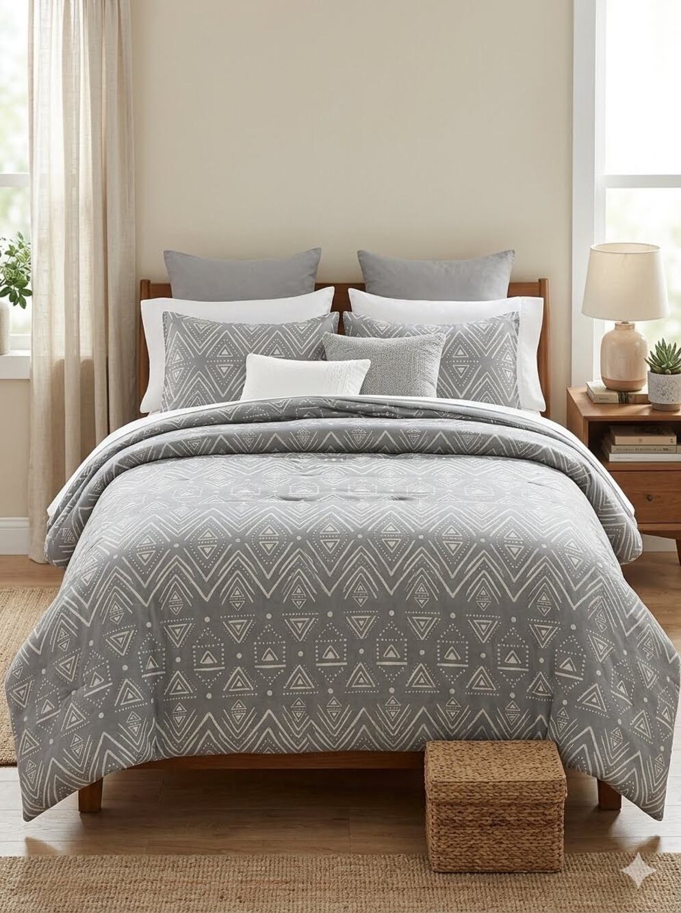 NEW! FRYE AND CO. Diamond 4PC Aztec Print Sheet Set Polyester King Gray/White